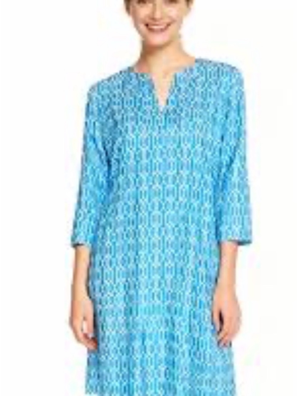 EUC Katherine Way Blue & Aqua Geometric V-Neck Shift Dress Size M